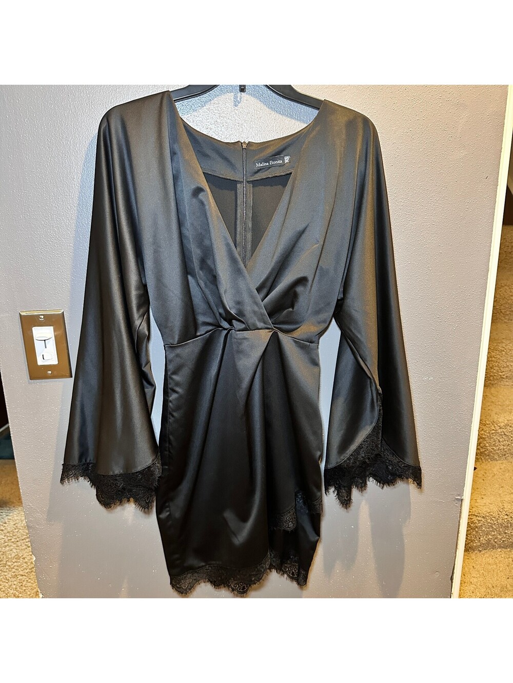 Malina Bonita Black Satin Mini Dress with Lace Trim, Size XS